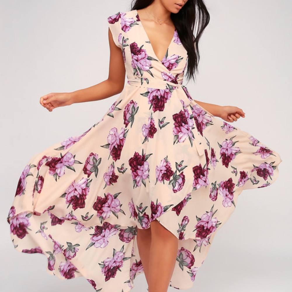 Lulus French Countryside Blush Floral Print High-low Dress Pink - Size S